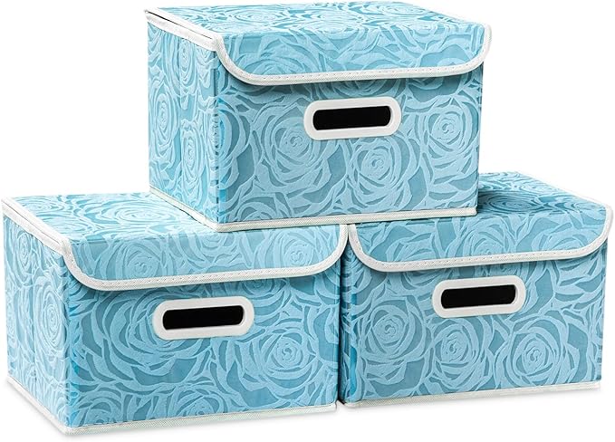 PRANDOM Collapsible Storage Boxes with Lids Fabric Decorative Storage Bins Cubes Organizer Containers Baskets with Cover Handles Divider for Bedroom Closet Living Room 9.8x7.9x6.7 Inch 3 Pack by Prandom