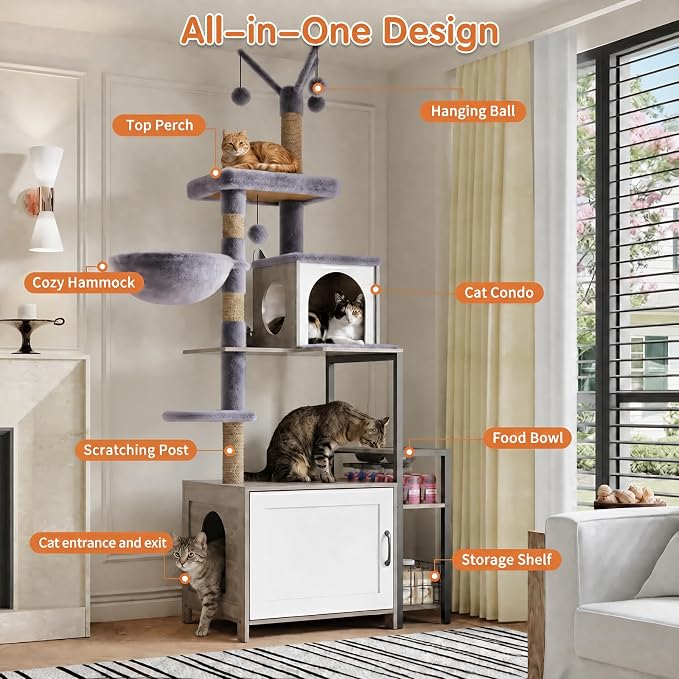 HavenlyYouth Cat Tree with Food Station and Litter Box Enclosure, Multi-Level Cat Tree Tower with Sisal Scratch Posts for Playtime, Plush Hammock in Gray for Cozy - Image 2