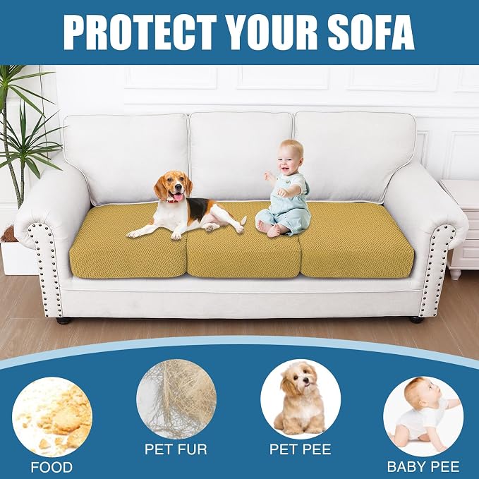 Smiry Waterproof Couch Cushion Covers, Non Slip Seat Cushion Covers | Stretch Jacquard Sectional Sofa Slipcover, Washable Elastic Furniture Protector for Pets, Kid, 3 Pieces, Ginder Yellow - Image 5
