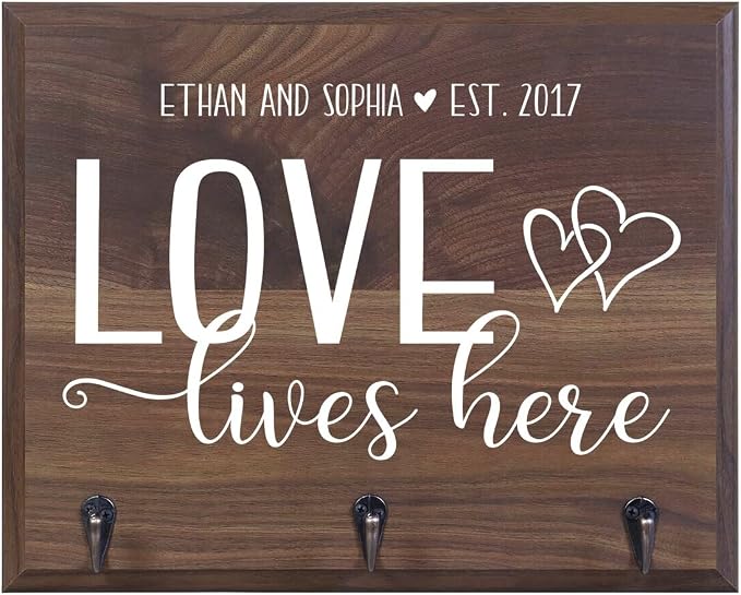 Rooms Organized Personalized Love Lives Here Wall Mounted Coat,Hat, Key and Pet Collar Rack Storage with 3 Metal Hooks 15" w x 12" h 4.25" deep (Love Lives Here) by Unknown