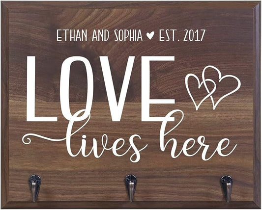 Rooms Organized Personalized Love Lives Here Wall Mounted Coat,Hat, Key and Pet Collar Rack Storage with 3 Metal Hooks 15" w x 12" h 4.25" deep (Love Lives Here) by Unknown