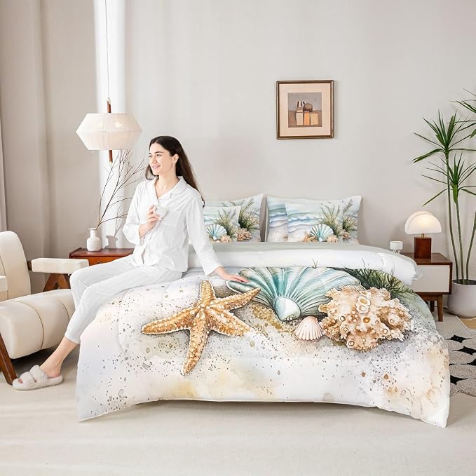 Erosebridal Coastal Twin 7 Pieces Bedding Set for Kids, Summer Beach Nautical Bed in A Bag for Boys Girls Women Men, Sea Waves Marine Life Comforter Set with Sheets, Shell Seaweed Starfish Bed Sets - Image 6