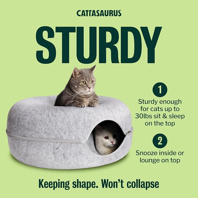 Cattasaurus Peekaboo Cat Cave Donut for Multiple & Large Cats up to 30-45 lbs, 3-in-1 Self Warming Cat Bed, Tunnel & Scratcher for Indoor Cats, Washable & Detachable (Light Gray + Light Gray, Large) - Image 7