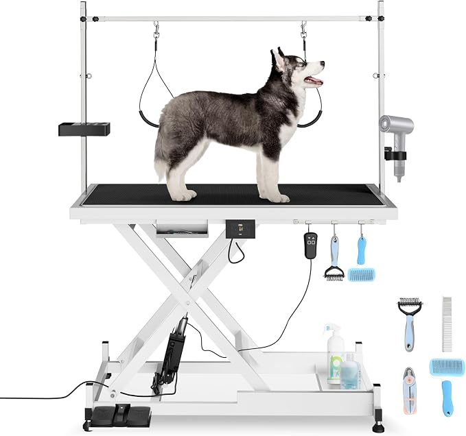 Electric Lift Pet Dog Grooming Table, Upgrade 50 Inch Heavy Duty 9'' -36'' Adjustable Height Professional Pet Grooming Table with Tool Organizer, Adjustable Overhead Arm for Large Dogs at Home, White by Afqxf
