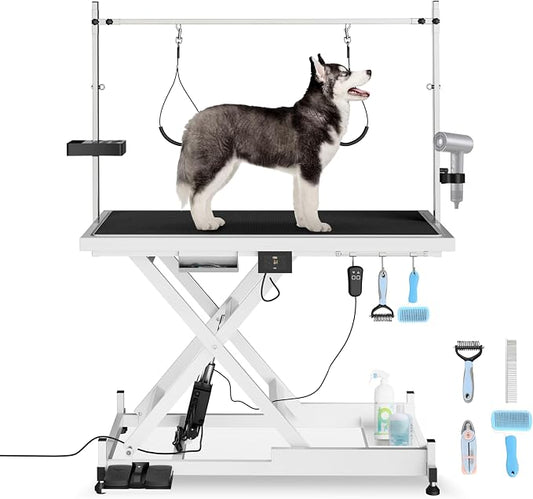 Electric Lift Pet Dog Grooming Table, Upgrade 50 Inch Heavy Duty 9'' -36'' Adjustable Height Professional Pet Grooming Table with Tool Organizer, Adjustable Overhead Arm for Large Dogs at Home, White by Afqxf