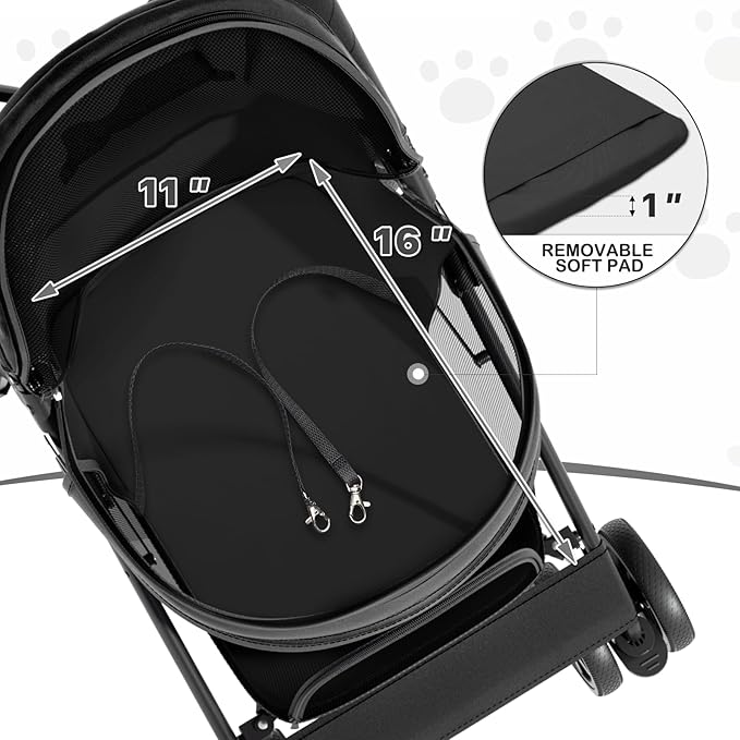 MoNiBloom 4 Wheels Pet Stroller, Easy-Fold Puppy Cage Jogger Stroller with Sun Cover, Pad and Rear Storage Bag, Breathable and Visible Mesh for Small/Medium Pets up to 22 lbs, Black