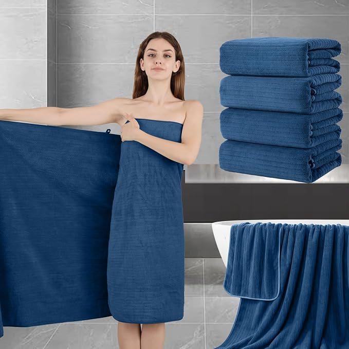 Extra Large Bath Sheet Set of 4,Ultra Soft Fluffy Towel,35”x 70”Oversized Bath Towel Set,Premium Microfiber Bathroom Towel Set Highly Absorbent Quick Dry Shower Towel for Bathroom,Hotel,Spa (Navy) by JessyHome