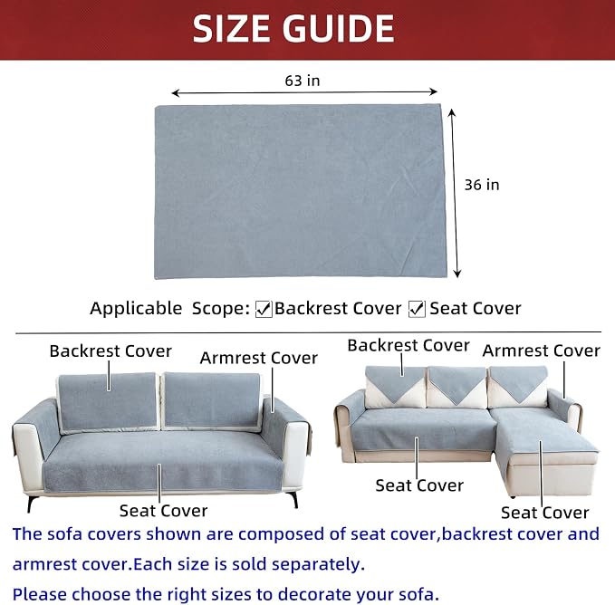 Couch Cover Sectional Couch Covers Non Slip Sofa Covers Washable for 3 Cushion Couch L Shaped Couch Protector Sofa Slipcovers for Kids Dogs Pets,Chenille,Light Gray,36''x63''(Only 1 Piece) - Image 3