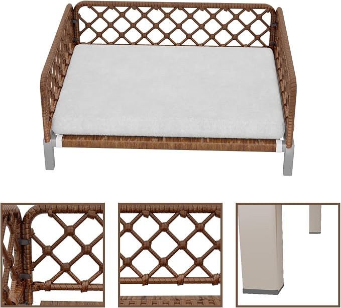 Dog Bed with Egg Crate Foam Support, Brown PE Wicker Orthopedic Pet Couch Bed with Washable Removable White Cushion, Outdoor Dog Sofa Bed for Medium, Small Dogs - Image 3