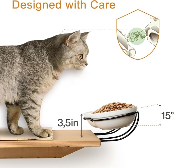 Wall Mounted Cat Shelves with Elevated Ceramic Feeding Station–Scandinavian Floating Design, Solid Plywood, Two Climbing Steps with Cotton Mats, Modern Cat Wall Furniture Set 300 ml Bowls - Image 9