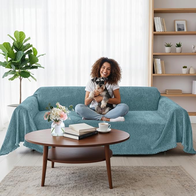 Smiry Couch Cover for Dogs, Chenille Sofa Covers for 3 Cushion Couch | Washable Soft Sofa Slipcover for Pets, Thick Sectional Furniture Protector with Tassels (Blue, 71x134 Inch) - Image 12