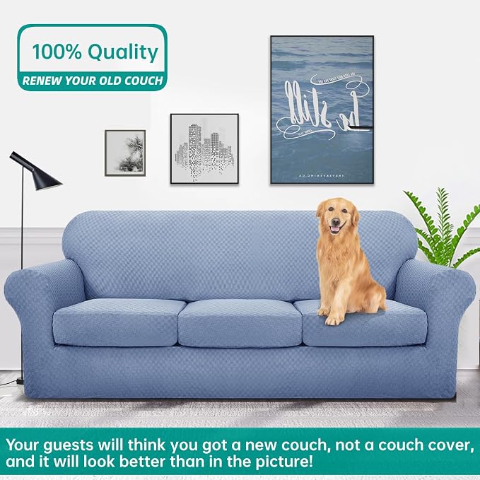 YEMYHOM Latest Checkered 4 Pieces Couch Covers for 3 Cushion Couch High Stretch Thickened Sofa Cover for Dogs Pets Elastic Slipcovers Living Room Furniture Protector (Light Blue), 71"-91"(3 Cushions) - Image 2