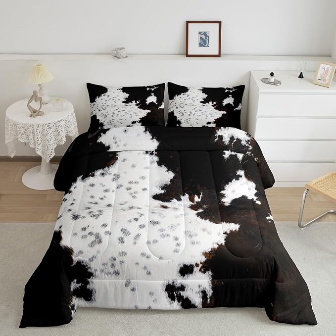 Cow Fur Comforter Set King Size,White Black Brown Cowhide Bedding Set 3pcs for Kids Boys Girls Teens Bedroom Decor,Animal Skin Print Quilt Set Rustic Farmhouse Cow Print Duvet Set,2 Pillowcases by Homewish