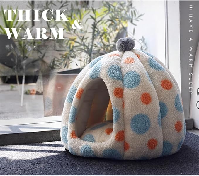 Cat Polka Dot Bed Cave, Warm Enclosed Hideaway for Kitten (Blue,Large) | Yurt-inspired semi-open den, Soft comfy interior, Spotted pattern, Winter nap spot, Small apartment pet furniture - Image 5