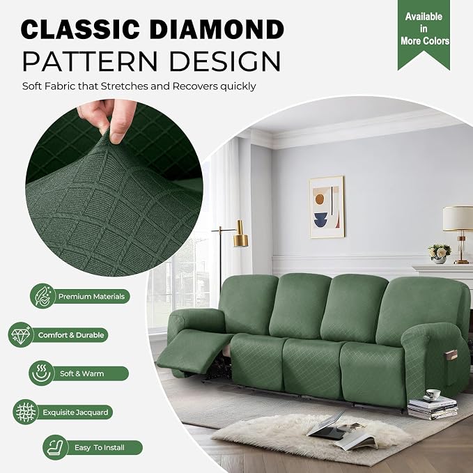vctops Diamond Recliner Sofa Covers 10-Pieces Stretch Large RV Couch Covers for 4 Seats Reclining Slipcovers Soft Solid Furniture Protector (Mo Green,4 Seat) - Image 3