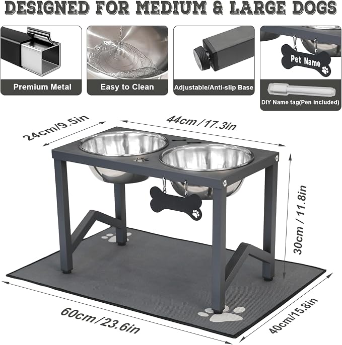 Elevated Dog Bowls, Metal Raised Dog Bowl Stand with 2 Thick 58oz Stainless Steel Food Bowls & Non-Slip Mat - 11.8" Tall for Medium/Large Breeds(Grey) - Image 3
