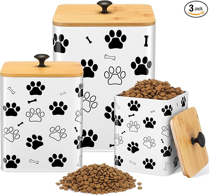 Reallnaive Airtight Dog Treat Container Set of 3 with Bamboo Lids Metal Treat Jars for Countertop Decorative Pet Snack Food Storage Canister Kitchen Biscuit Holder(White) by Unknown