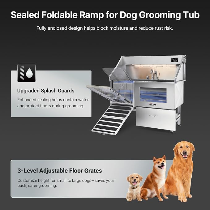 POLIMO Dog Washing Station with Built-in Pet Dryer and LED Display 61" (Left Ramp), 304 Stainless Steel Dog Bathtub for Large Medium Small Dogs, Wash and Dry Grooming Tub with Faucet, Storage Drawer - Image 5