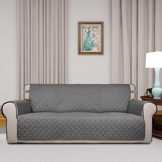PureFit Reversible Quilted Sofa Cover Dog Couch Covers for Sofa, 66 in | Gray/Ivory, Water Resistant Couch Protector, Washable Pet Couch Cover with Non Slip and Elastic Straps For Kids - Image 2