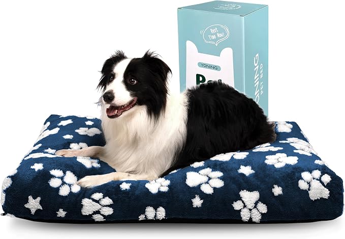 Cute Fluffy Dog Beds for Large Dogs, 35"x 22", Navy Paw | Thick Dog Bed for Crate Kennel, Pet Bed with Removable Washable Cover, Anti-Slip Bottom by Yaning