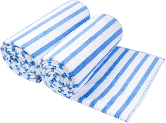 JML Microfiber Beach Towels Cabana Stripe Blue, 2 Pack, 30" x 60" | Hanging Loop,Soft, Absorbent, Quick Dry, Lint-free, No Fading Bath Towel for Summer Swimming Pool Party by JML
