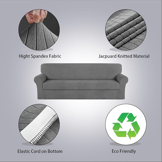 Oversized Sofa Cover Stretching Skid Resistance Couch Cover for Pets Washable, Thick and Durable Soft High Spandex Striped Pattern Sofa Covers (Oversized Sofa, Light Gray) - Image 2