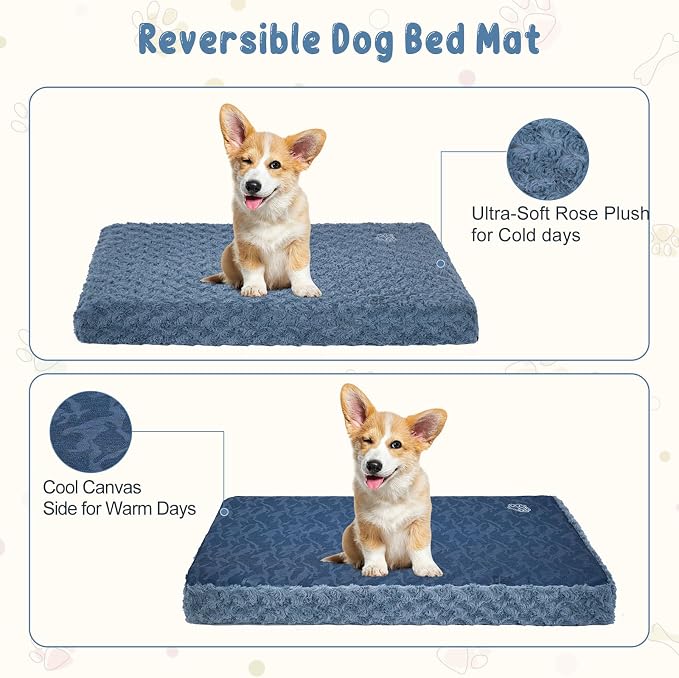 EMPSIGN Dog Bed Mat Crate Pad Mattress, Ultra Soft Pet Kennel, Navy, M | Reversible(Cool & Warm), Waterproof Linings, Removable Machine Washable Cover, for 30" Dog Crate, Soft Rose Plush/Canvas - Image 3