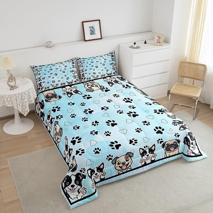 Manfei Cute Dog Paw Comforter Set Queen Size 3 Pcs,Kawaii Dogs Footprint Love Hearts Bedding Set,Cartoon Puppy Pet Animal Lover Blue Quilt Set for Young Adults,2 Pillowcases - Image 2