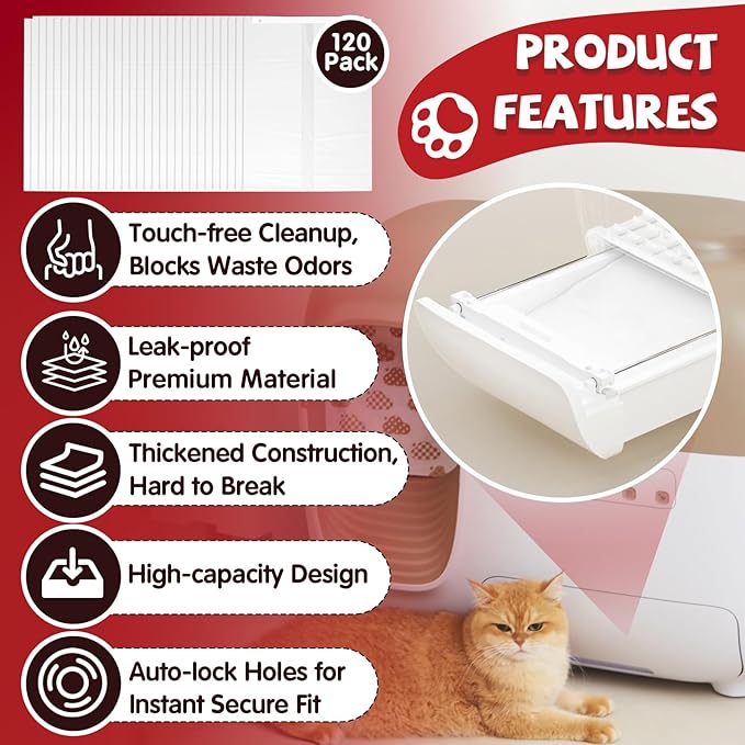 120 Pcs Self-Sealing Drawer Cat Litter Bags for Pet Snowy + Cat Litter Box | Pre-Punched Holes Anti-Shifting, Thickened & Wear-Resistant, Leakproof Secure Liner, Lock Litter Odor, Quick Install - Image 5