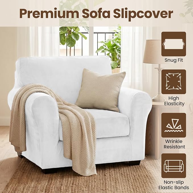 XINEAGE 2-Piece Velvet Armchair Sofa Cover, Couch Covers for Dog,White | 1 Cushion Chair,Stretch Non-slip Elastic, Pet-friendly, Washable, Fast Setup, Soft Plush Fabric, Furniture Protector. - Image 2