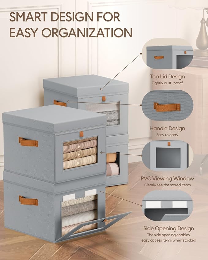 Homsorout Storage Bins with Lid – Closet Organizer with Side Opening and Clear Window, Foldable Stackable Fabric Basket for Clothes, Home, Office - 13.77" x 11.8" x 9.8", 3 Pack, Grey - Image 2