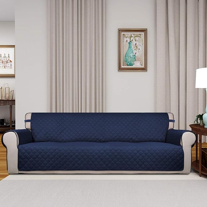 PureFit Reversible Quilted Couch Covers for Dogs Sofa Cover 4 Seater 88" | Navy/Ivory, Water Resistant Couch Protector, Washable Pet Couch Cover with Non Slip and Elastic Straps For Kids - Image 2