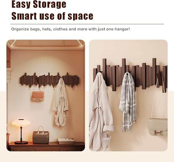Coat Rack Wall Mount Piano Flip Down Wall Hook Rack 6 Hooks Walnut | Natural Wood Handmade Unique Hanger for Coats Bag Hat Umbrella key Wall Art In the foyer living room bedroom bathroom office - Image 2