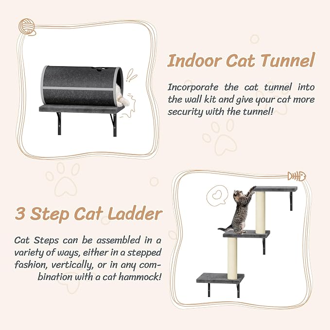 7-in-1 Cat Wall Shelves, Wall Mounted Climber Set | Cat Furniture with House, Tunnel, Bridge, Steps, Scratcher, Hammock, Shelves for Indoor, Drak Grey - Image 5