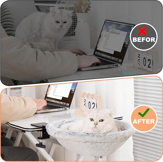 Uross Cat Desk Bed - 180° Rotating Soft & Comfortable Rabbit Fur Bed, Modern Indoor Cat Nest Furniture for Office Desks and Game Tables, Island Table-Supports 50 lbs-(Lightgrey) - Image 3