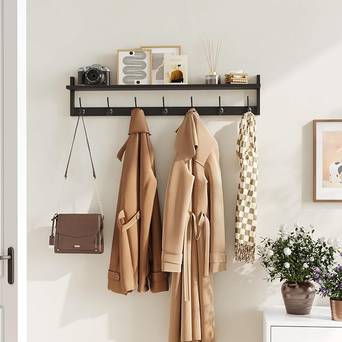 BAMEOS Wall Hooks with Shelf 35 Inch Length Entryway Hanging Shelf Wood Coat Hooks Wall-Mounted Coat Hook Rack with 7 Dual Hooks for Bathroom, Living Room, Bedroom (Black) - Image 7