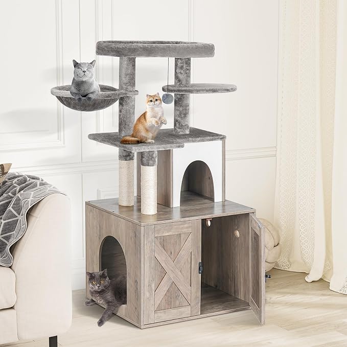 Snughome Cat Litter Box Enclosure with Tree Tower and Condo, Hidden Washroom Furniture with Sisal Scratching Post and Soft Plush Perch, Wooden Cat Furniture with Multiple Platforms, Grey - Image 3