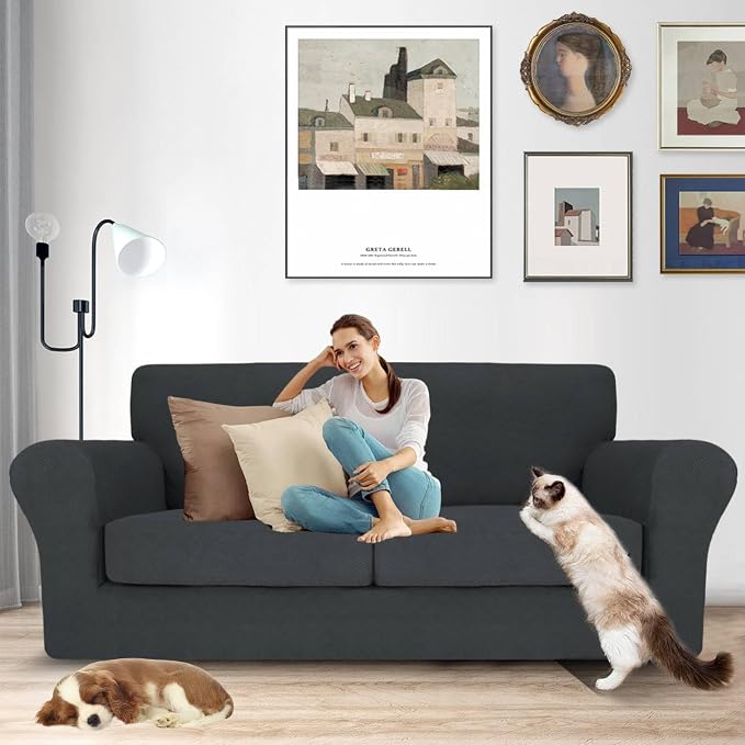 MAXIJIN 3 Piece Couch Covers for 2 Cushion Couch Sofa Cover, Stretch Loveseat Sofa Slipcovers for Sofas with 2 Large Cushions, Thick Dogs Pet Furniture Covers (71"-91", Gray) - Image 2
