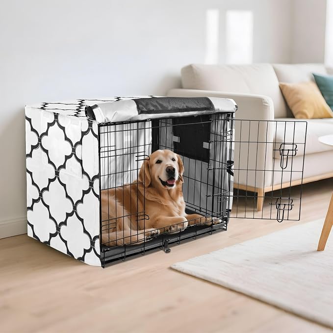 Dog Crate Cover Kennel Cover for Dog Cages Breathable for Wire Cage Indoor Outdoor White Geometric Quatrefoil - Image 6