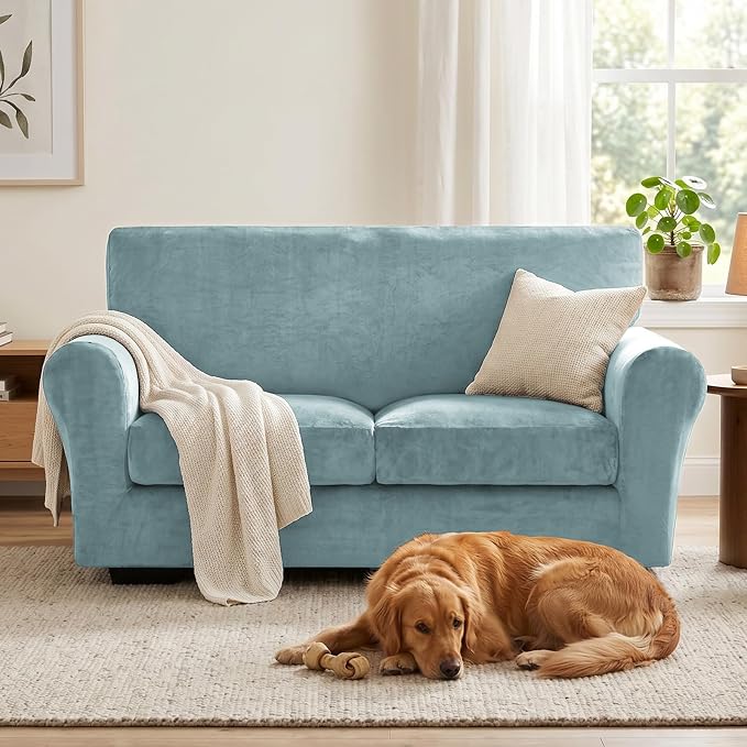 XINEAGE 3-Piece Velvet Loveseat Sofa Cover, Couch Covers for Dog,Gray Blue | 2 Cushion Loveseat,Stretch Non-slip Elastic, Pet-friendly, Washable, Fast Setup, Soft Plush Fabric, Furniture Protector. - Image 4