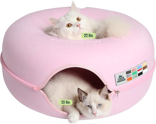 Cattasaurus Peekaboo Cat Cave Donut for Multiple & Large Cats up to 30-45 lbs, 3-in-1 Self Warming Cat Bed, Tunnel & Scratcher for Indoor Cats, Washable & Detachable Small Dog Bed (Pink, Large) by Cattasaurus