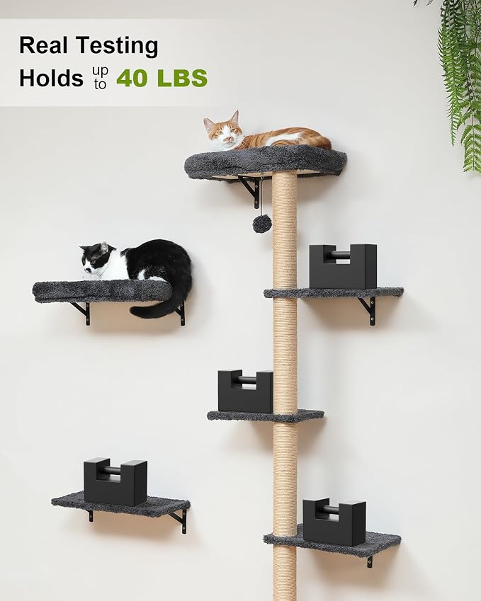 FUKUMARU Cat Wall Shelves Set, 70 inch Wall Mounted Tree, Grey | Kitten Scratching Post with Soft Cushion Perch, Space Saving Climbing Wall Furniture for 16 Inch Drywall - Image 6