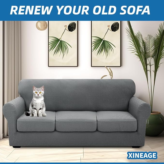 XINEAGE 2026 New 4 Pieces Couch Covers for 3 Cushion Couch Super Stretch Thick Soft Sofa Cover Anti Slip Sofa Slipcover Dogs Cats Furniture Protector (Light Gray, 71"-91") - Image 4