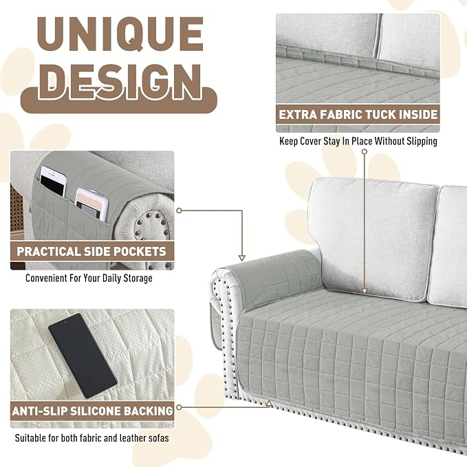 MAXIJIN Waterproof Couch Cover for Pets Dogs Washable, Quilted Sofa Seat Covers Washable for 3 Cushion Couch, Non-Slip Slipcover Furniture Protector with Side Pockets (Sofa, Light Gray) - Image 4