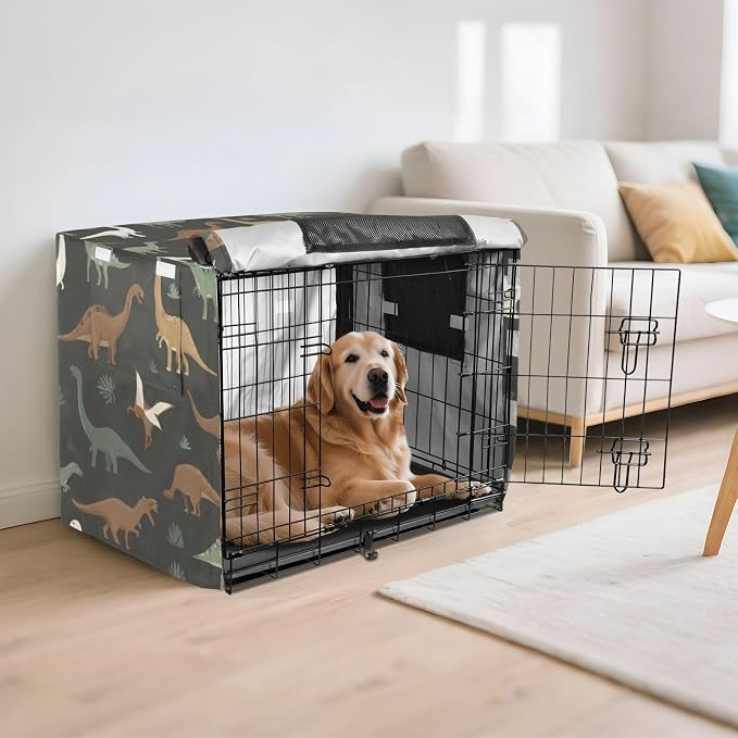 Dog Crate Cover Kennel Cover for Dog Cages Breathable for Wire Cage Indoor Outdoor Green and Brown Dinosaurs - Image 6