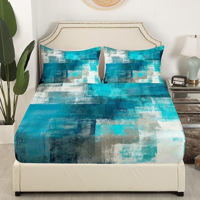 Teal Sheet Set for Kids Teens Youth,Retro Tie Dyed Bed Sheets,Grunge Turquoise and Grey Watercolor Bedding Set Full,Ombre Art Fitted Sheet Deep Pocket + Top Sheet Microfiber + 2 Pillowcases Soft - Image 3