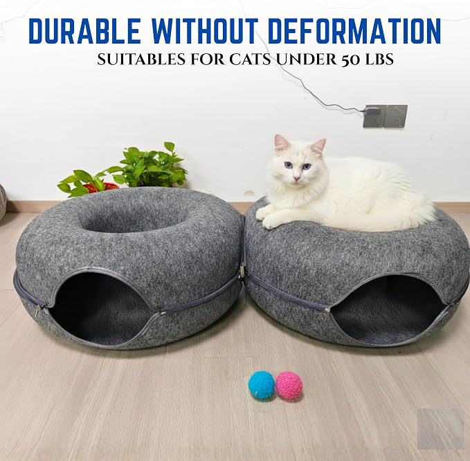 Trivon Peekaboo Cat Tunnels for Indoor Cats, Cozy Indoor 8-Shaped Donut Hideaway Bed with 12 Toy Balls, Bonus Bird Toy and Toy Gun, Scratch-Resistant, Detachable & Washable Design - Image 5