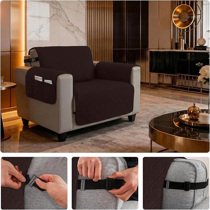 100% Waterproof Quilted Couch Cover,Straps&Pockets,23" Chocolate | Washable sofa cover, pet-friendly, scratch-resistant furniture protector, quilted sofa cover, reversible, non-slip backing. - Image 6