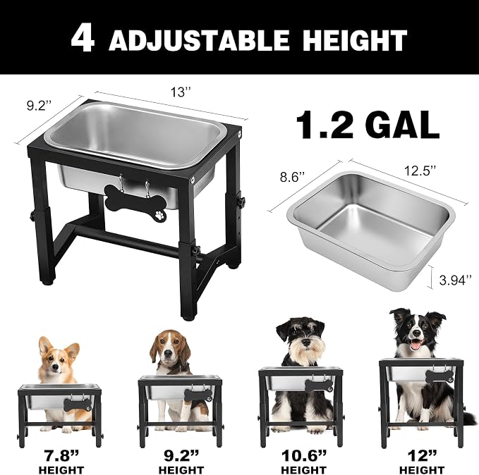 1.2 Gallon Elevated Large Dog Water Bowl, 4 Adjustable Height 7.8'',9.2'',10.6'',12''Raised Stainless Steel Bowl Stand for Small/Medium/Large Breed, Metal Dog Feeding Station for Relief Joint Pressure - Image 3