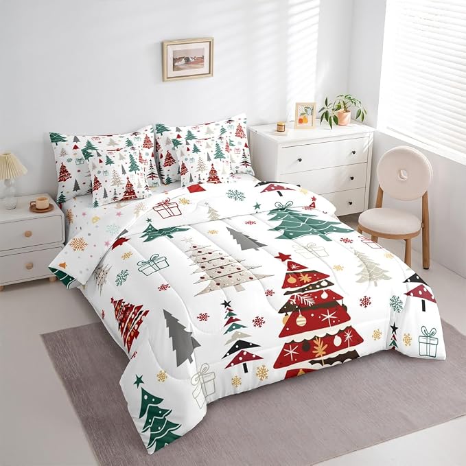 Erosebridal Christmas Bed in A Bag 7 Pcs Colorful Christmas Tree Comforter Set for Kids Boys Girls Xmas Tree Snowflake Bedding Sets Twin Winter Xmas Ornaments Gift Sheet Set with Comforter - Image 4